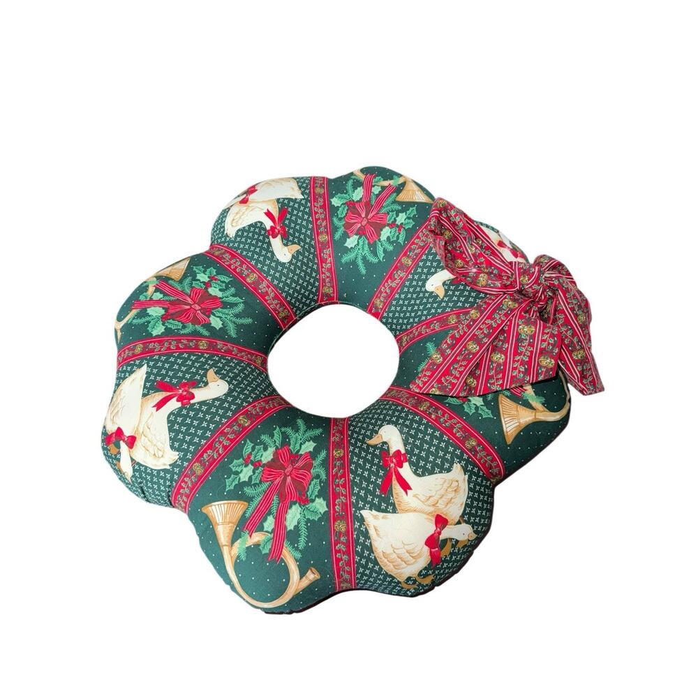 Christmas‎ Goose Fabric Wreath Green Red Holly Bow Ribbon Hanger Holiday Retro